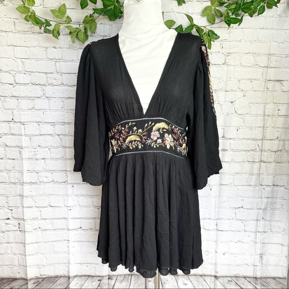 Free People Dresses & Skirts - Black Embroidered V-Neck Mini Dress